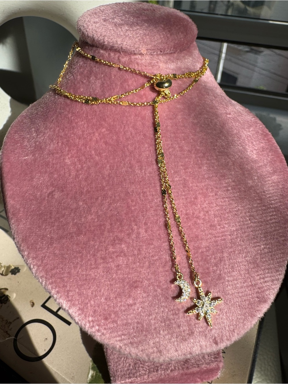 Gold Vermeil Lariat Pavé Star & Moon 25” Adjustable Dainty